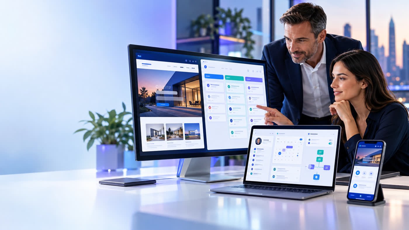 Colleagues reviewing a connected website and CRM system